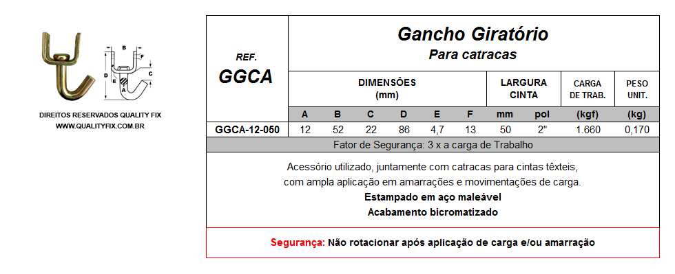 Tabela de Especificações - Gancho Giratório para Catracas - Bax Company