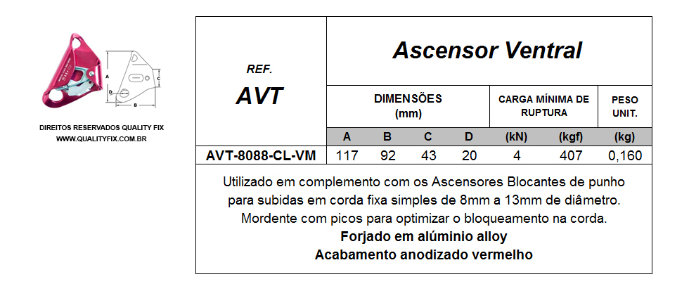 Tabela de Especificações - Ascensor Ventral - Bax Company