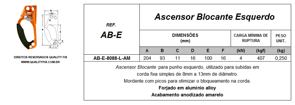 Tabela de Especificações - Ascensor Blocante Esquerdo - Bax Company