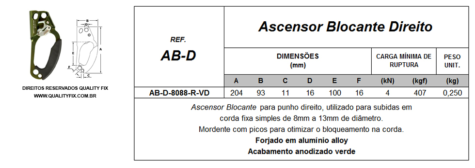 Tabela de Especificações - Ascensor Blocante Direito - Bax Company