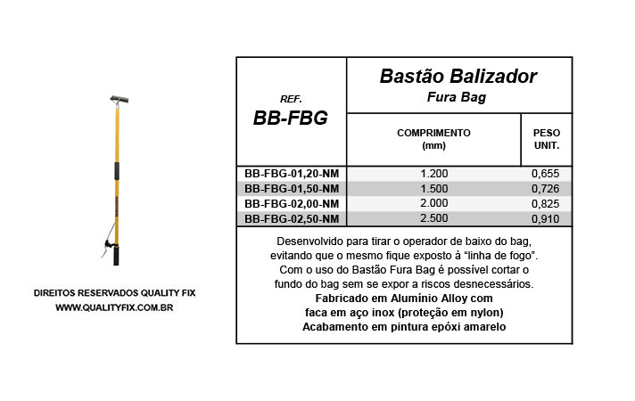 Tabela de Especificações - Bastão Baslizador Fura Bag - Bax Company