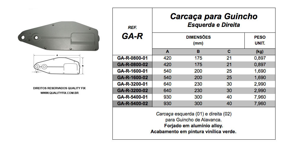 Tabela de Especificações - Carcaça para Guincho de Alavanca – Direita e Esquerda - Bax Company