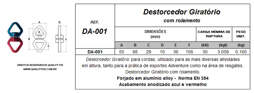 Tabela de Especificações - Destorcedor Giratório para Corda - Bax Company