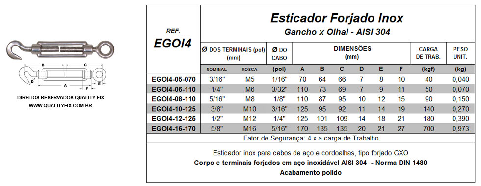 Tabela de Especificações - Esticador Inox Gancho x Olhal - Bax Company