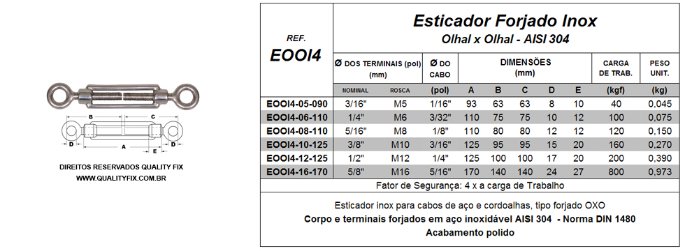 Tabela de Especificações - Esticador Inox Olhal x Olhal - Bax Company