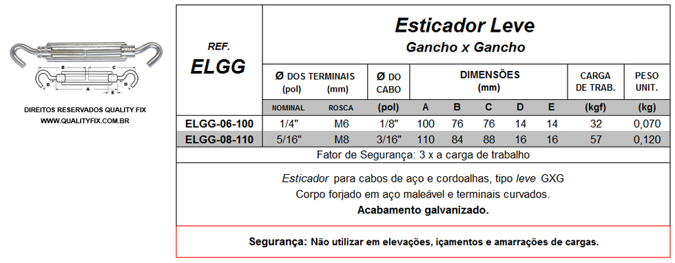 Tabela de Especificações - Esticador Leve Gancho x Gancho - Bax Company