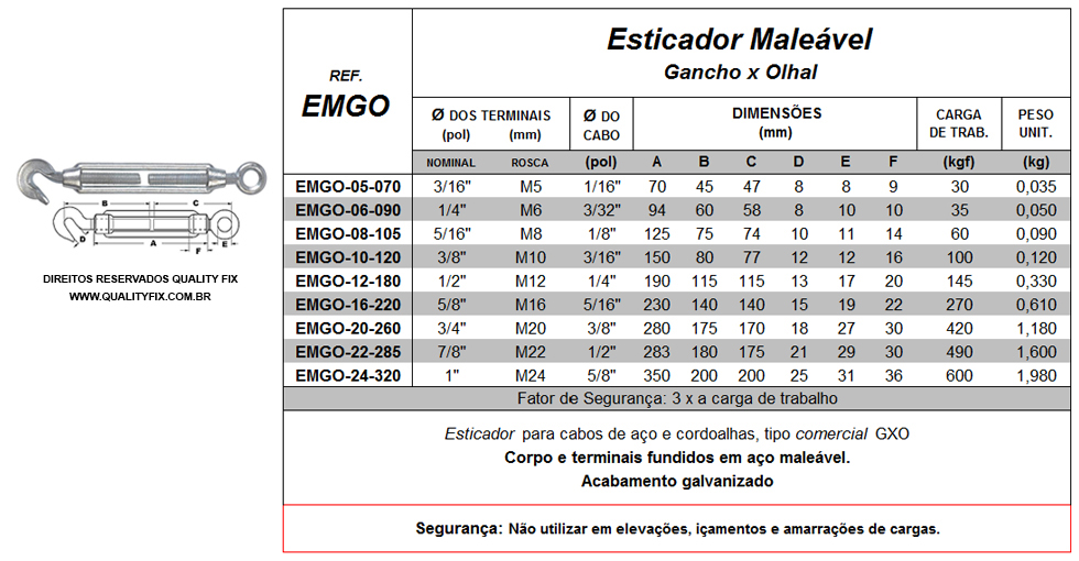 Tabela de Especificações - Esticador Maleável Gancho x Olhal - Bax Company