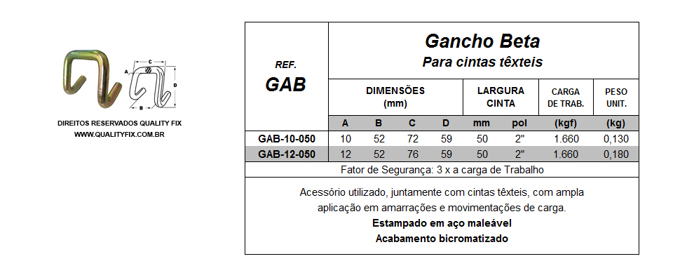 Tabela de Especificações - Gancho Beta para Cintas - Bax Company