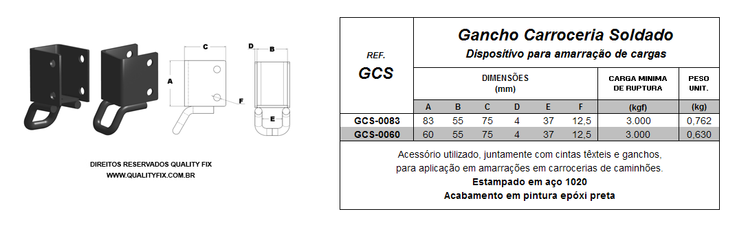Tabela de Especificações - Gancho Carroceria Soldado - Bax Company