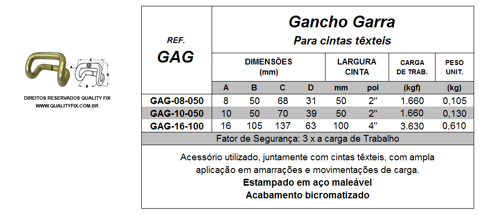 Tabela de Especificações - Gancho Garra para Cintas - Bax Company