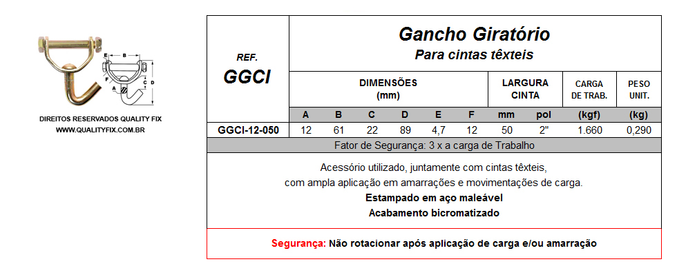 Tabela de Especificações - Gancho Giratório para Cintas - Bax Company