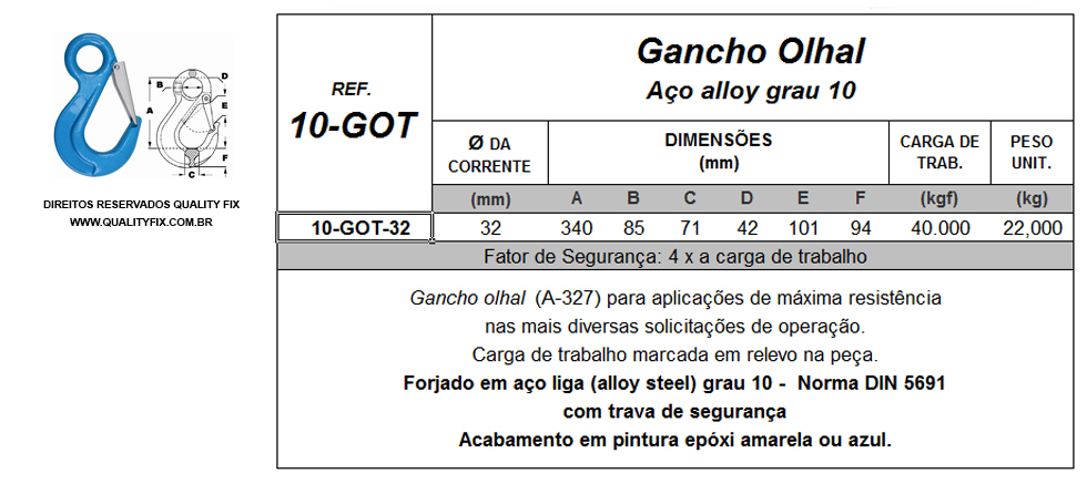 Tabela de Especificações - Gancho Olhal Forjado em Aço Liga Grau 10 - Bax Company
