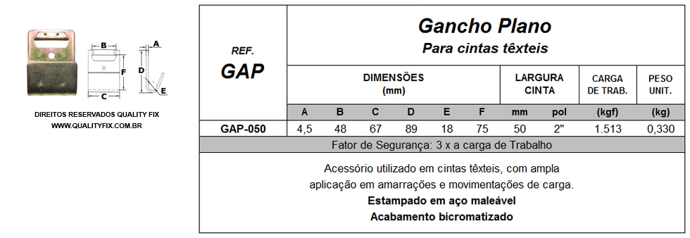 Tabela de Especificações - Gancho Plano para Cintas Têxteis - Bax Company