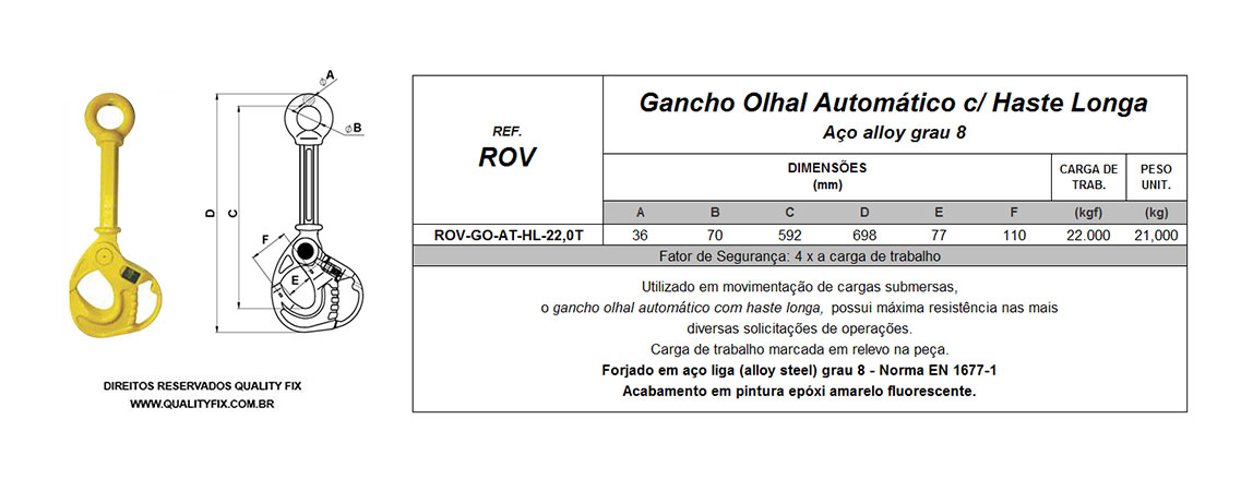 Tabela de Especificações - Gancho ROV com Trava Automática - Bax Company
