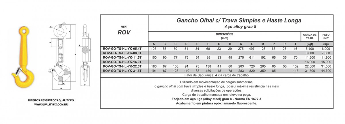 Tabela de Especificações - Gancho ROV Haste Longa - Bax Company