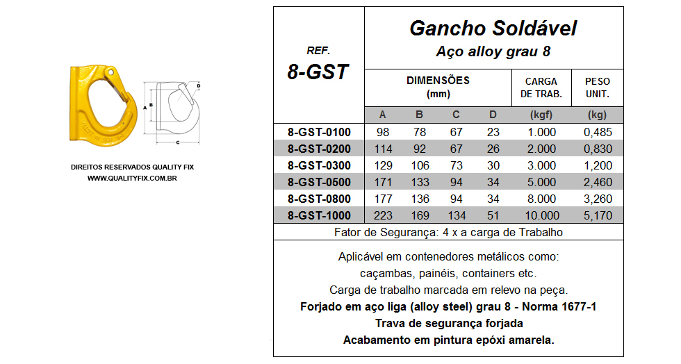 Tabela de Especificações - Gancho Soldável - Bax Company