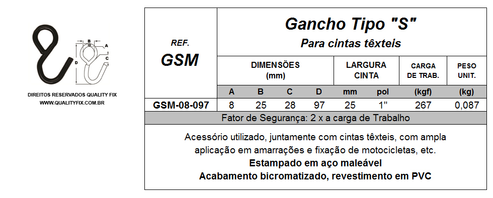 Tabela de Especificações - Gancho tipo S para Cintas - Bax Company