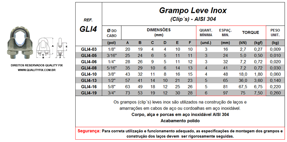 Tabela de Especificações - Grampo Inox Leve - Bax Company