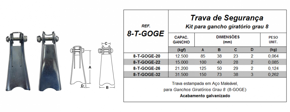 Tabela de Especificações - Kit para Gancho Giratório Grau 8 - Bax Company