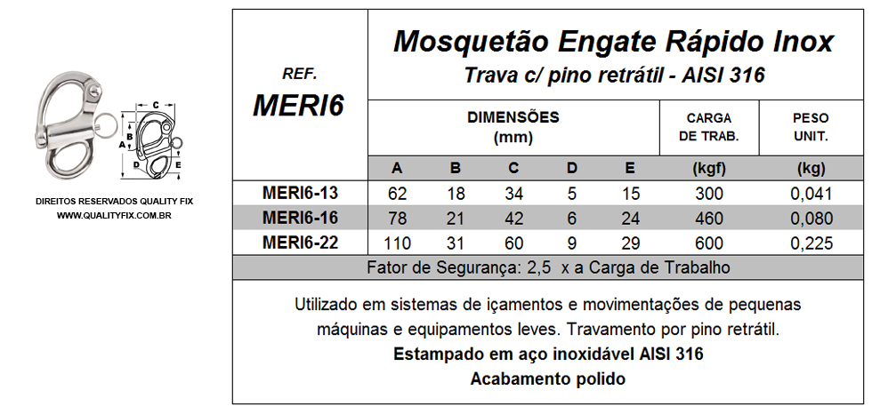 Tabela de Especificações - Mosquetão Engate Rápido - Bax Company