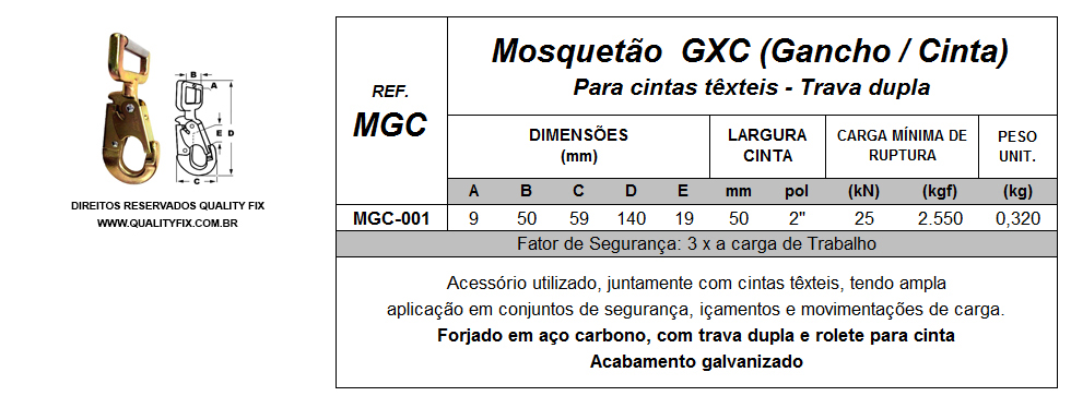 Tabela de Especificações - Mosquetão GxC (Gancho/Cinta) - Bax Company