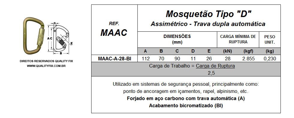 Tabela de Especificações - Mosquetão Tipo D com Trava Dupla Automática - Bax Company