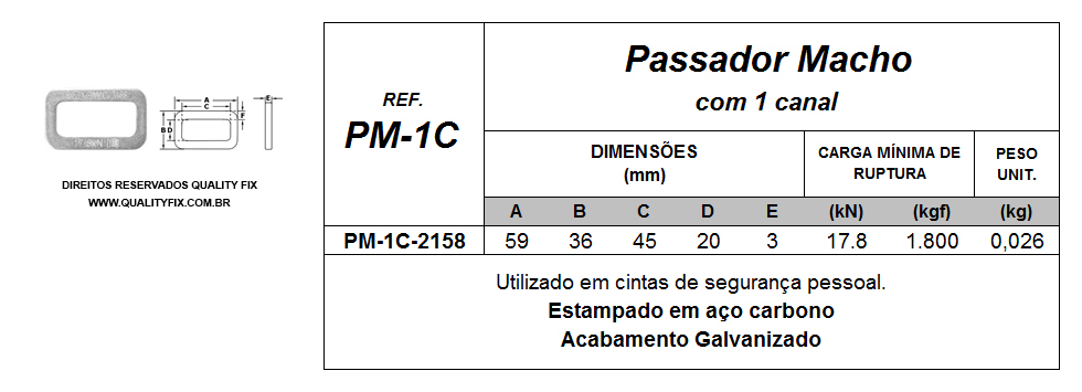 Tabela de Especificações - Passador Macho com 1 Canal - Bax Company