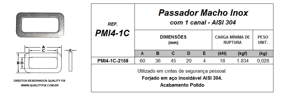 Tabela de Especificações - Passador Macho Inox com 1 Canal - Bax Company