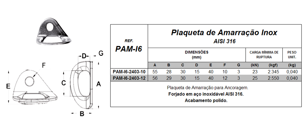 Tabela de Especificações - Plaqueta de Amarração Inox - Bax Company