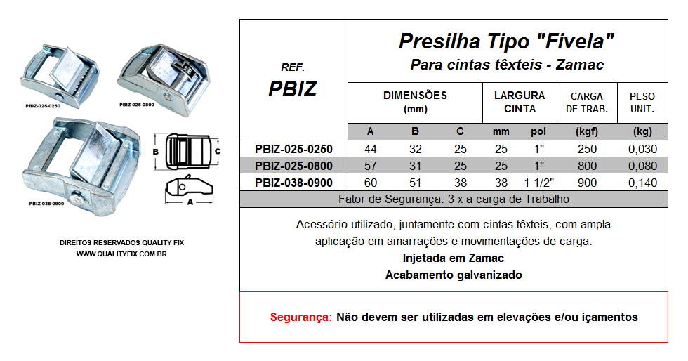 Tabela de Especificações - Presilha Para Cintas Tipo Fivela Zamac - Bax Company