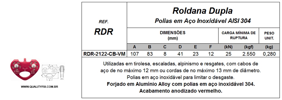 Tabela de Especificações - Roldana Duplas - Bax Company