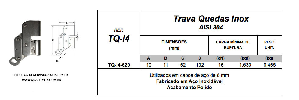 Tabela de Especificações - Trava Quedas Inox para Cabo de Aço - Bax Company