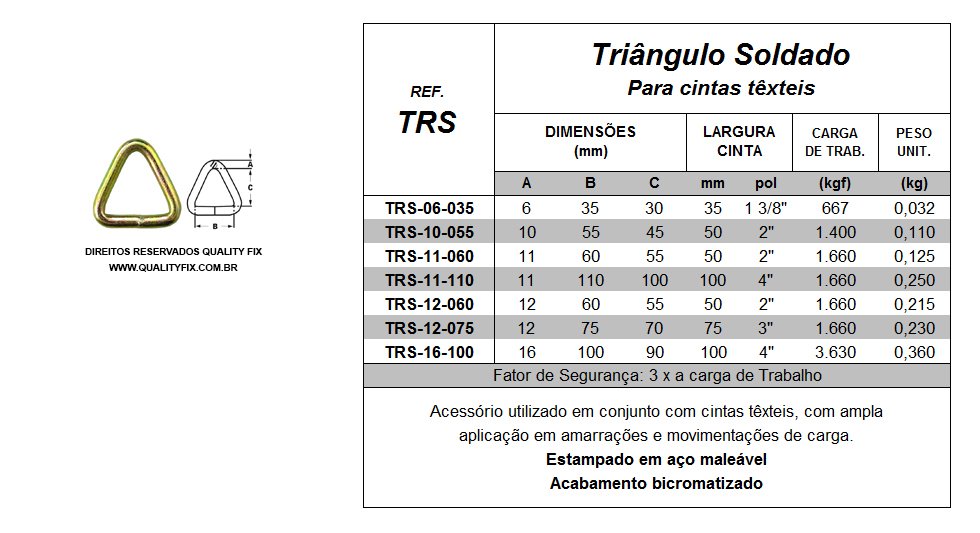 Tabela de Especificações - Triângulo para Cintas - Bax Company