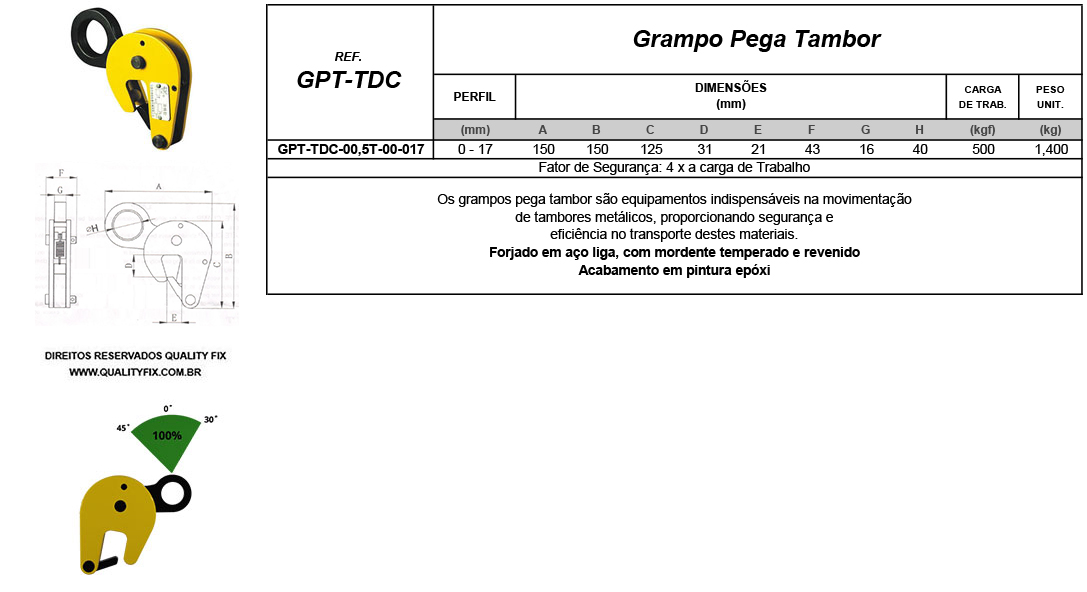 Tabela de Especificações - Grampo Pega Tambor - Bax Company