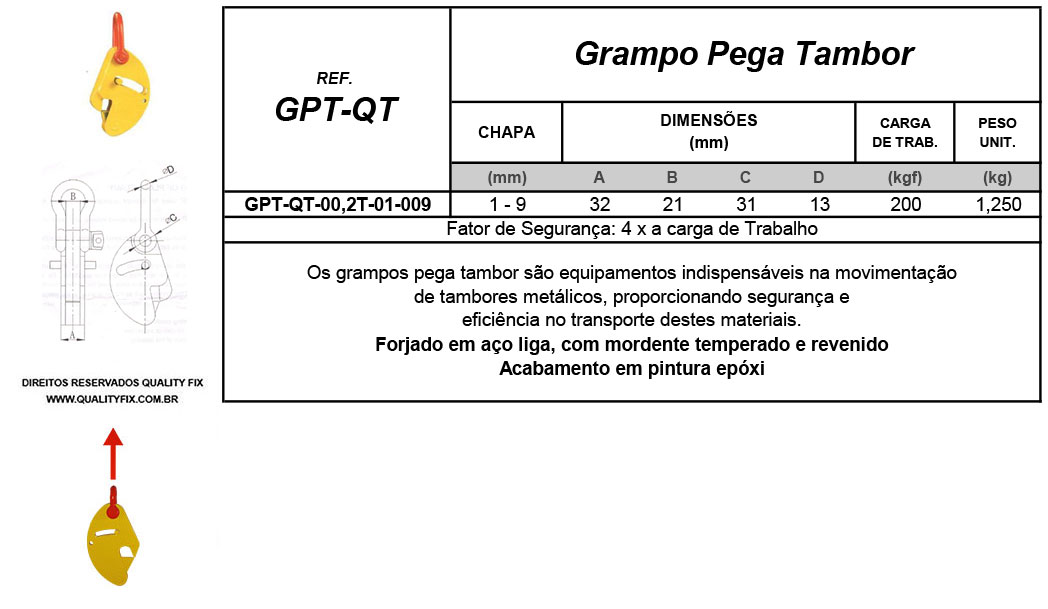 Tabela de Especificações - Grampo Pega Tambor QT - Bax Company