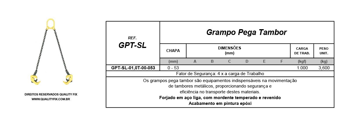 Tabela de Especificações - Grampo Pega Tambor SL - Bax Company