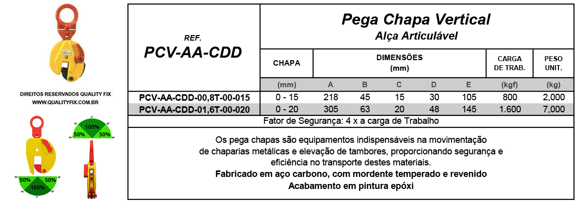 Tabela de Especificações - Pega Chapas Vertical CDD - Bax Company