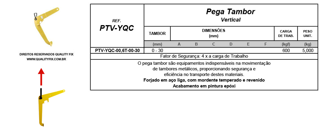 Tabela de Especificações - Pega Tambor Vertical - Bax Company