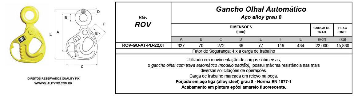 Tabela de Especificações - Gancho ROV Automático Padrão - Bax Company